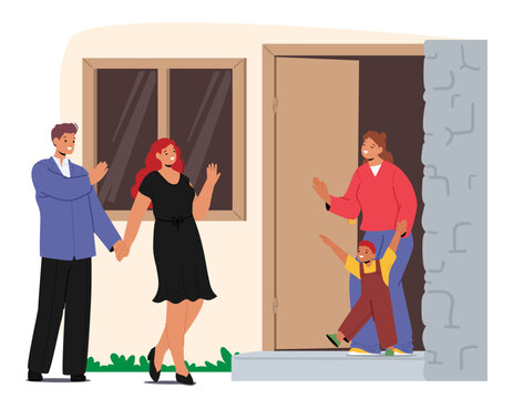 Parents walking on dating while nanny caring for boy child cartoon scene of farewell on the doorstep