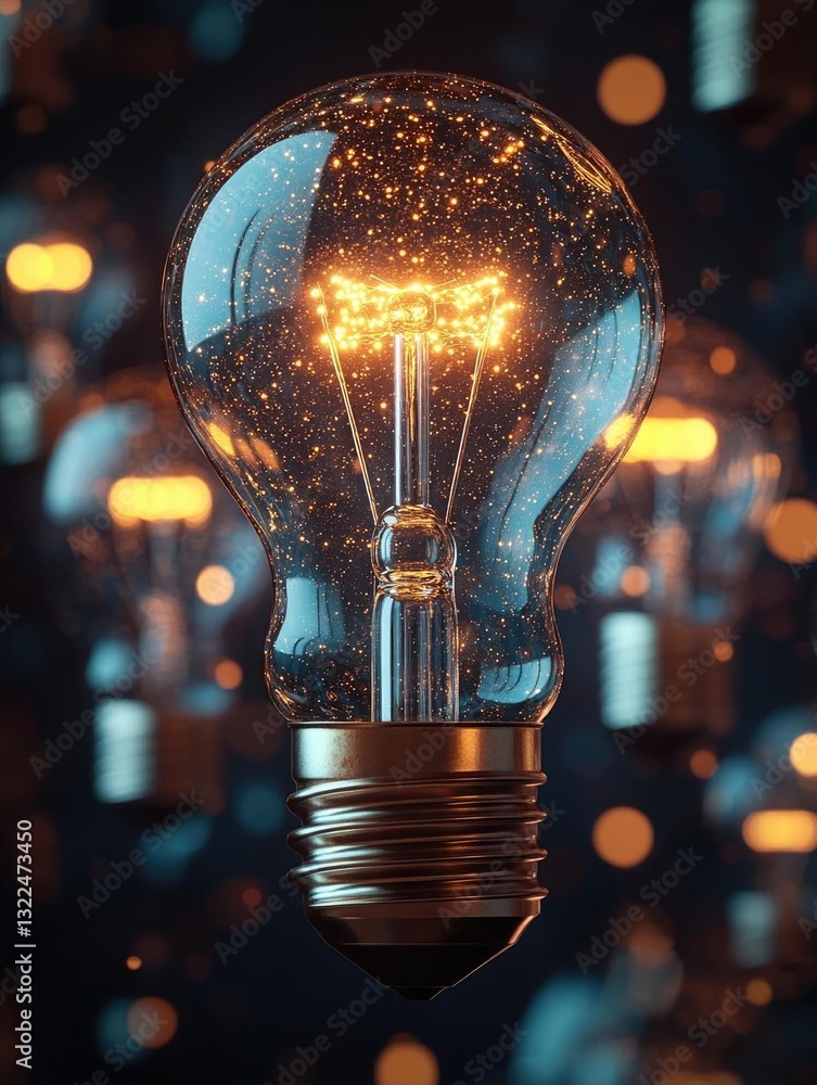 Poster illuminated light bulbs glowing against a dark background with soft bokeh effects, creating ambiance