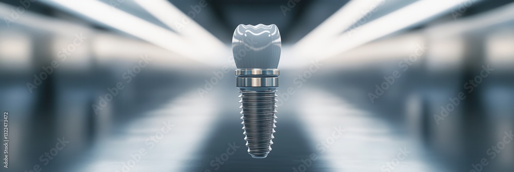 Poster floating titanium dental implant with sleek metallic background and smooth reflections showcasing hi