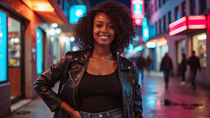 2025 summer idea trend concept: A woman with curly hair stands in front of a store at night, smiling.