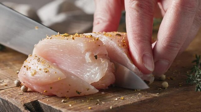 cook cuts fresh raw chicken fillet meat with spices with sharp knife on wooden kitchen board, food closeup