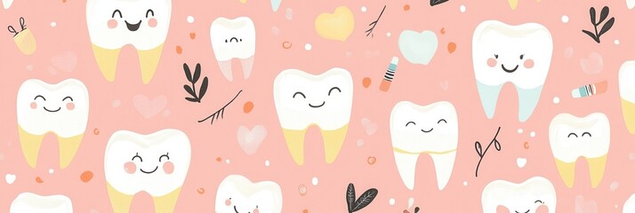 Seamless pattern featuring healthy teeth, dental implants, and joyful smiles in a modern flat style with soft pastel colors