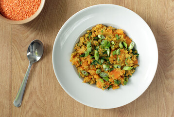Plate with Red Lentil Dhal with Sweet Potato and Spinach