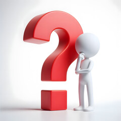 A 3D rendered figure stands thoughtfully beside a large red question mark, pondering a solution. Generative AI.