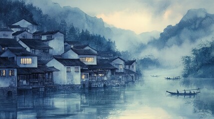 Fototapeta premium Traditional Ink Painting of a Riverside Village at Rivers