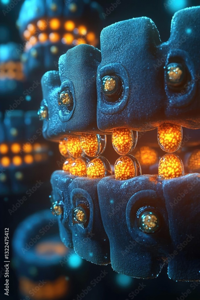 Poster close-up view of intricate glowing molecular structures in a futuristic digital environment