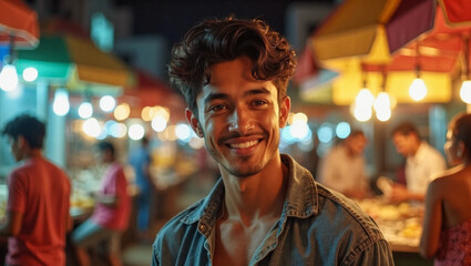 Fototapeta premium 2025 summer idea trend concept: A man smiling at a yellow light in a market scene