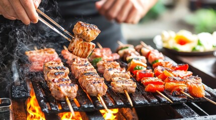 Naklejka premium Close-up of grilling skewers with meat and vegetables.