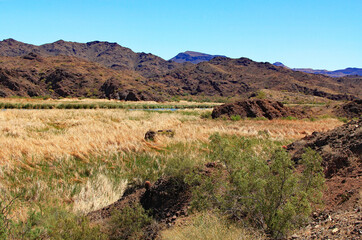 View of Lake Havasu and Colorado River near Lake Havasu City, Arizona, USA with view of California and blue sky copy space.