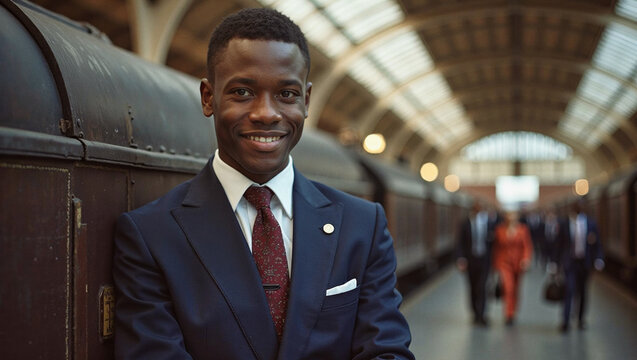 2025 summer idea trend concept: A man stands in a train station, smiling at the camera.