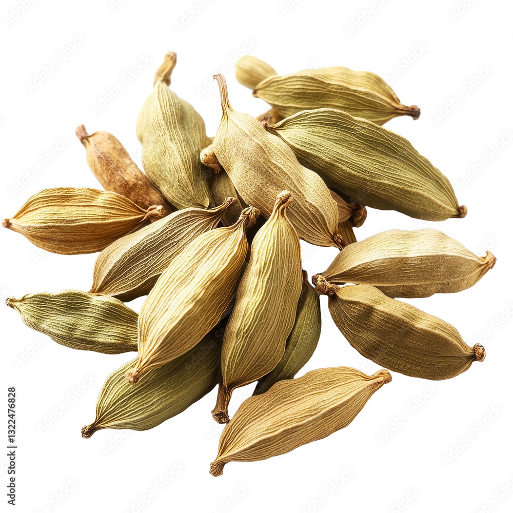 Poster cardamom pods arranged neatly on a white background highlighting their unique texture and color, car