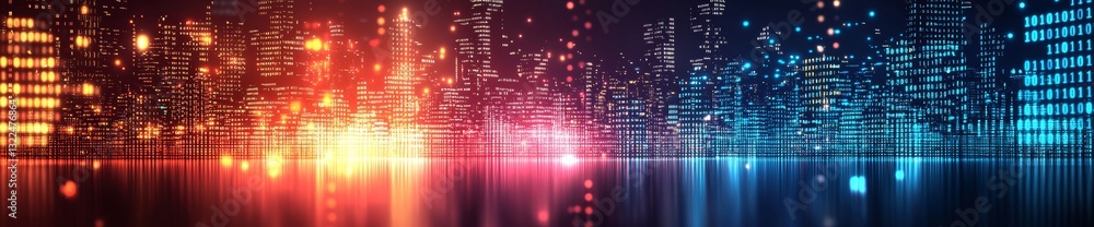 Poster a digital city rendered in binary code placed on a matrix-style mixed media backdrop