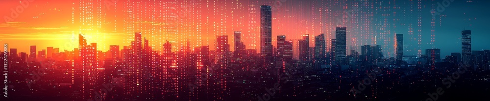 Poster binary code illustration of a digital city against a matrix mixed media background