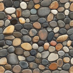 Seamless texture of smooth, colorful river rocks.