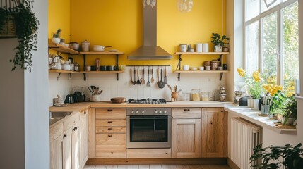 A bright and sunny modern kitchen with natural wooden cabinetry