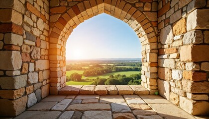 Stunning View from a Castle Window with Stone Arch, overlooking the scenic landscape and countryside, perfect for historical castle tours.