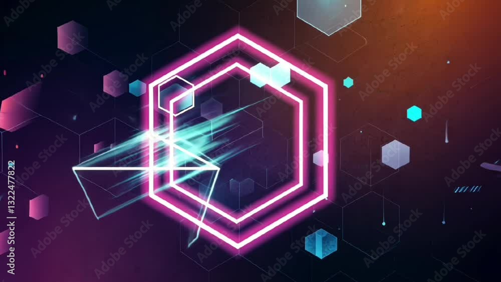 Aufkleber glowing neon hexagon shape with abstract digital light effects representing futuristic tech backgrou
