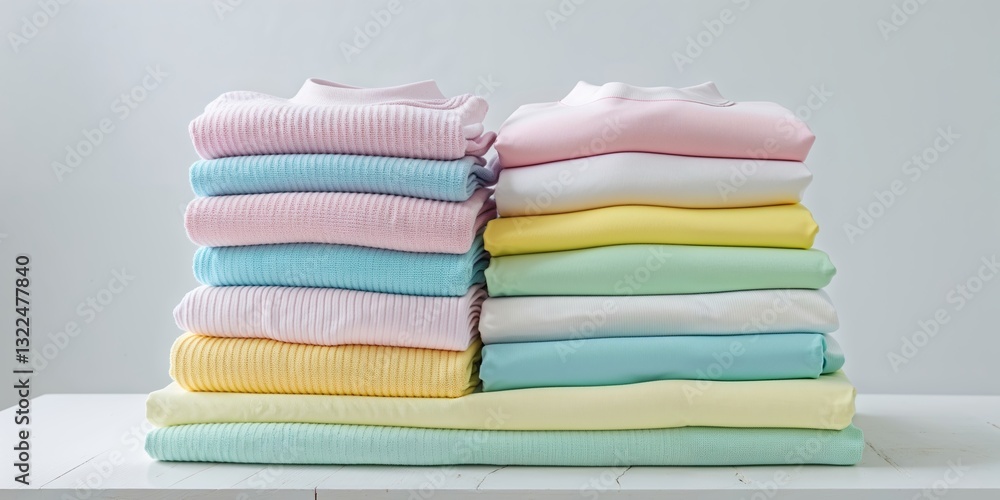 Poster stacked colorful sweaters arranged neatly on a table in a well-lit space for a tidy display
