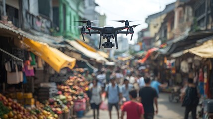 Obraz premium A drone hovers above a bustling marketplace, capturing the vibrant energy of the scene. The colorful shops and diverse crowd create a vivid backdrop for the aerial photography.