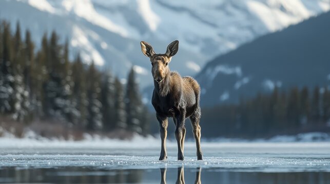 Young moose stands on a frozen lake, majestic mountains in the background.  A serene winter scene.