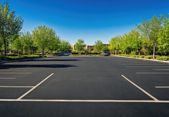 Fototapeta premium A Vast Empty Parking Lot Surrounded by Lush Green Trees Under a Clear Blue Sky on a Bright Sunny Day