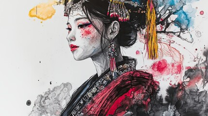 Ink painting of a woman in traditional attire