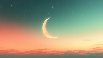 A dreamy gradient of pastel colors fading from mint green to soft peach, with a glowing crescent moon