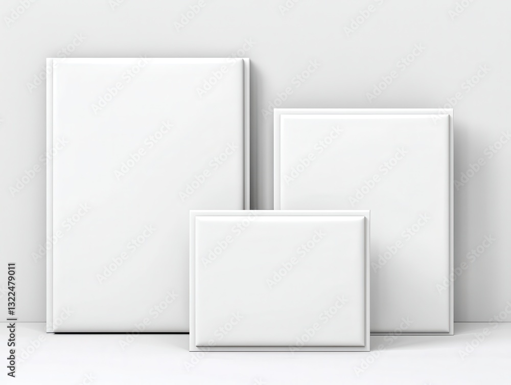 Poster three blank white frames of varying sizes displayed against a minimalistic background