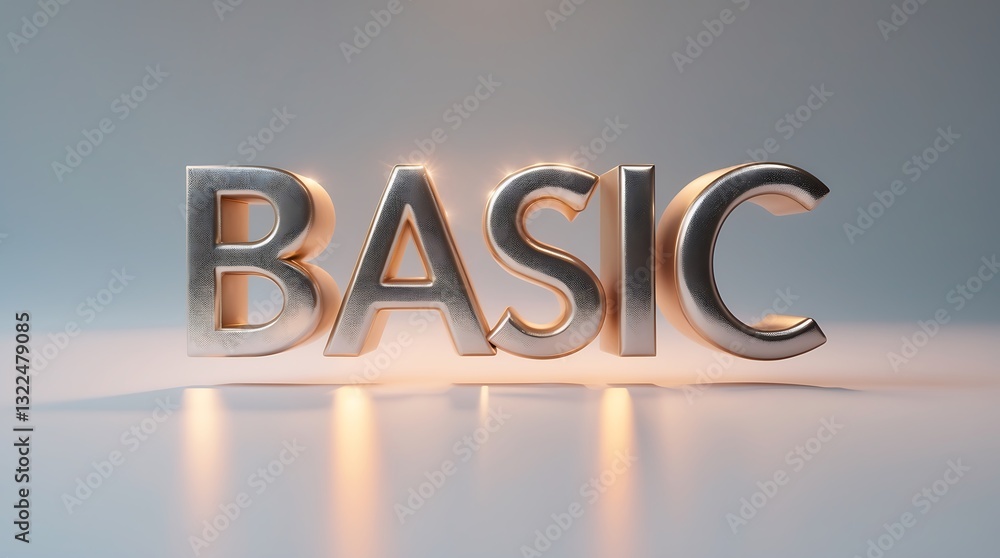 Poster metallic word representation of 'basic' with soft lighting effects