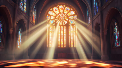 Fototapeta premium A beautiful stained-glass window in the middle of an empty church, with rays of light streaming through it. Stained Light. Illustration