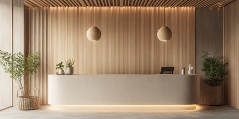 A warm modern reception area with wooden accents and plants