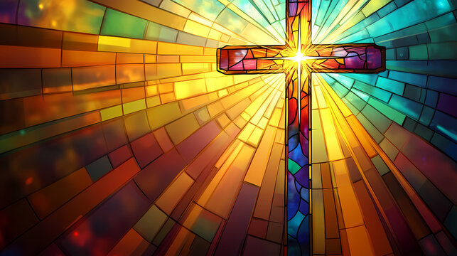 A religious easter card featuring a stained glass window design, with a cross in the center and rays of light streaming down, symbolizing the resurrection of jesus. Stained Light. Illustration