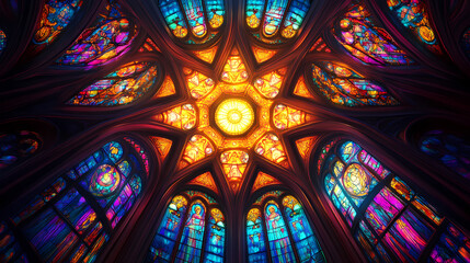 Obraz premium A vibrant stained glass design with intricate patterns and rich colors, resembling classic church or cathedral windows. Stained Light. Illustration