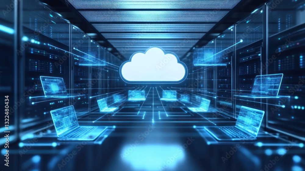 Poster a futuristic data center showcasing cloud computing with glowing laptops and digital connections, em