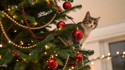 A Curious Tabby Cat Perched On A Christmas Tree, Amidst Twinkling Lights And Red Ornaments, Enjoying The Festive Seasons Magic