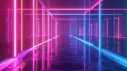Neon-lit corridor with vibrant colors and reflections