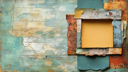 mixed media art, make cut-and-paste collage using repurposed materials on textured canvas, leaving space for text