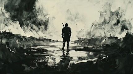 Obraz premium Bold Ink Painting of a Warrior Standing Alone on a CGI 6x Background