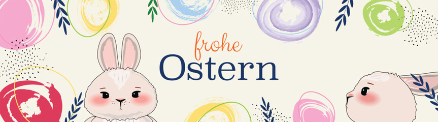 German Easter banner with bunnies, leaves, and watercolor eggs, Frohe Ostern text meaning happy easter