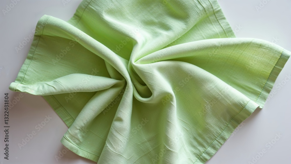 Poster light green fabric arranged in a swirling pattern on a neutral background showcasing texture and col