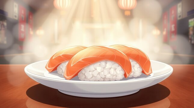 Kawaii Style Anime Salmon Nigiri Sushi Roll with Rice Cute Sashimi Cartoon Manga Japan