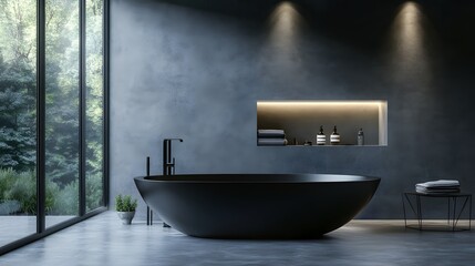 Contemporary bathroom with concrete walls, sleek black fittings, and recessed lighting