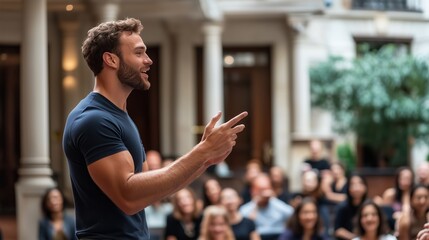 Engaging speaker captivates audience during lively presentation at downtown venue