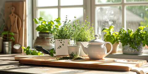Cozy Kitchen Countertop with Potted Herbs and White Teapot
