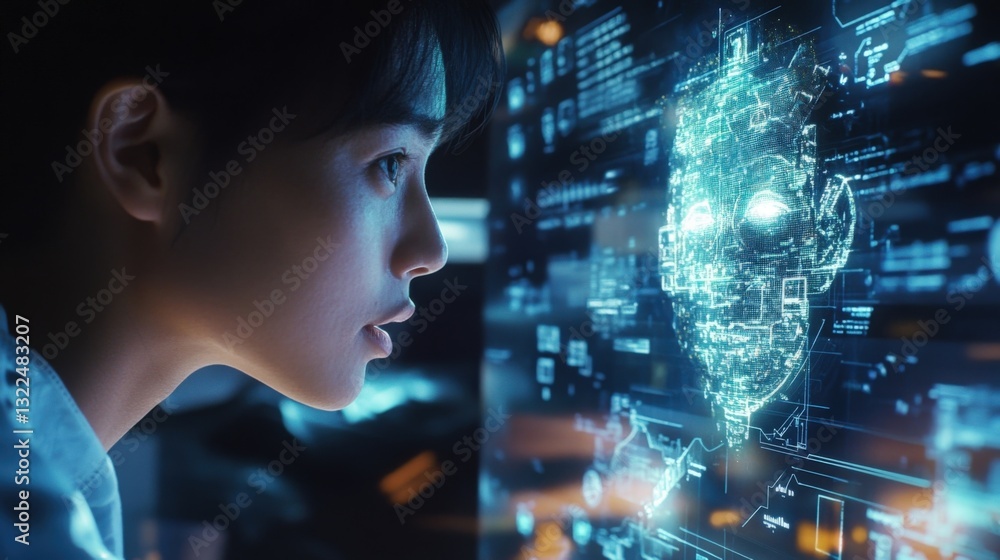 Poster a hightech workspace features a medium closeup of a hologram portraying a mentor demonstrating a dig