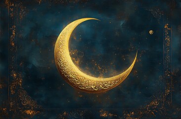 Fototapeta premium Golden Crescent Moon with Patterns on a Deep Blue Sky