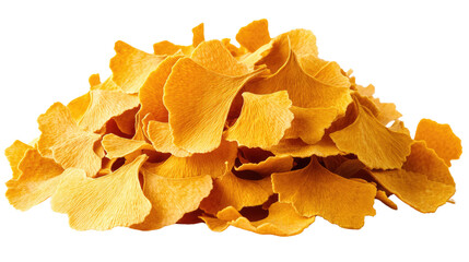 Naklejka premium Ginkgo Biloba Autumnal Leaves: A vibrant cluster of autumn ginkgo biloba leaves, showcasing their distinctive fan shape and rich golden-yellow hue. The photograph captures the crisp.