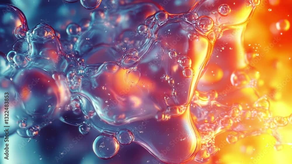 Poster A dynamic composition of fluid, transparent waves of blue-orange color, linked into a gently moving structure. The bubbles pulsate, creating a sense of mysterious energy