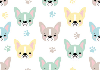 Obraz premium French bulldog puppy. Dog paw seamless pattern cat footprint. Colorful background. Pets adoption. Veterinary care and facilities. Homeless pet rescue