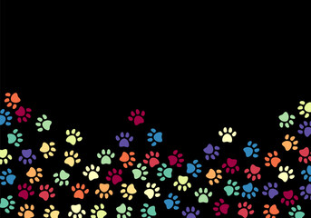 Dog paw background. Frame cat footprint. Colorful background. Pets adoption. Veterinary care and facilities. Homeless pet rescue
